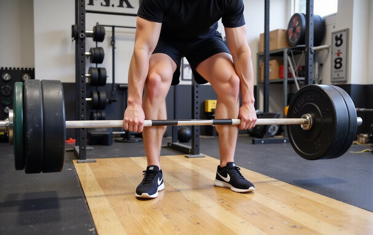 Athlete setting up for a deadlift with perfect foot and bar placement